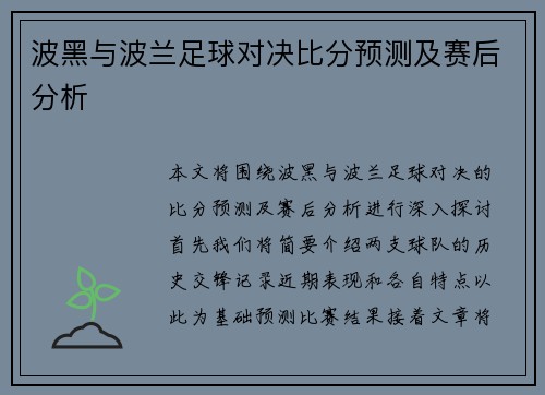 波黑与波兰足球对决比分预测及赛后分析