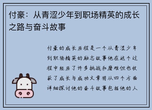付豪：从青涩少年到职场精英的成长之路与奋斗故事
