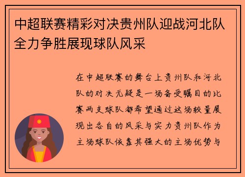 中超联赛精彩对决贵州队迎战河北队全力争胜展现球队风采