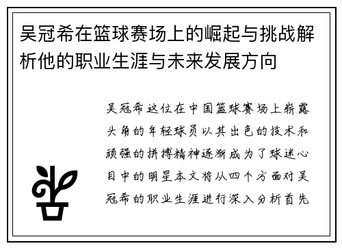 吴冠希在篮球赛场上的崛起与挑战解析他的职业生涯与未来发展方向