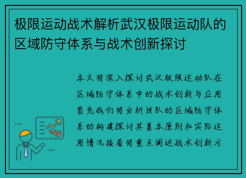 极限运动战术解析武汉极限运动队的区域防守体系与战术创新探讨