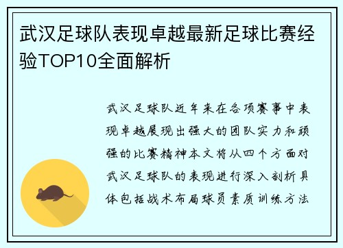 武汉足球队表现卓越最新足球比赛经验TOP10全面解析