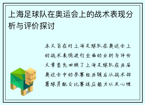 上海足球队在奥运会上的战术表现分析与评价探讨