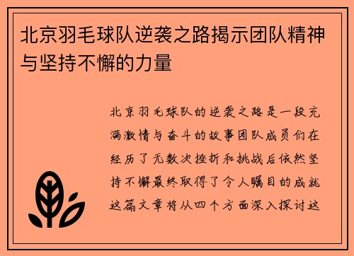 北京羽毛球队逆袭之路揭示团队精神与坚持不懈的力量