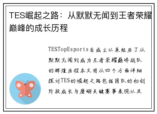 TES崛起之路：从默默无闻到王者荣耀巅峰的成长历程